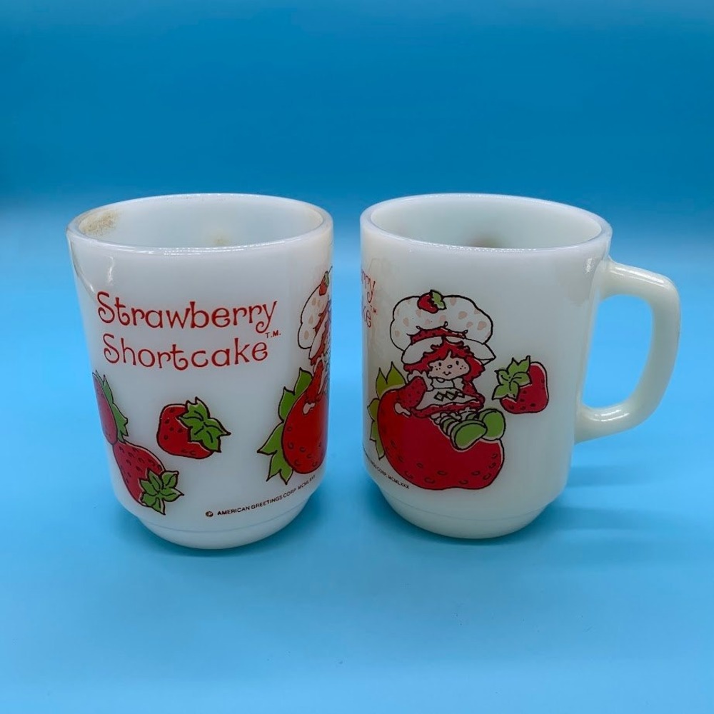 Vintage Strawberry Shortcake Anchor Hocking Glass Mug American Greeting Lot Of 2